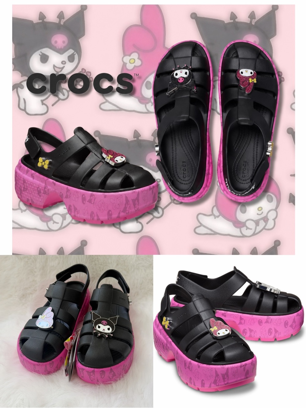 HELLO KITTY AND FRIENDS MY MELODY AND KUROMI CROCS STOMP SANDAL size W6 NWT